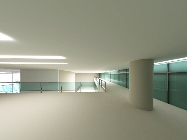 现代办公楼内部走廊，阳台栏杆与透明玻璃俯瞰一楼。三维渲染图图片下载