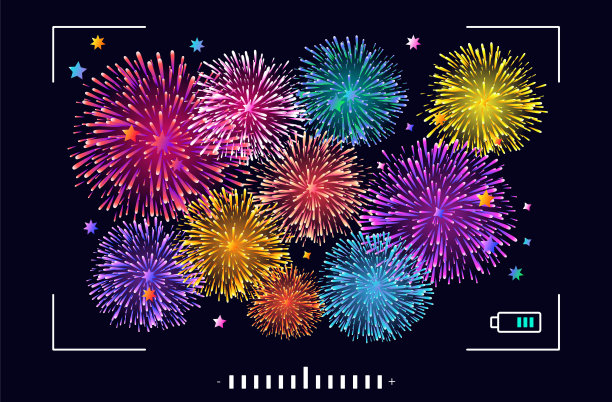 烟花相机。节日视频拍摄，夜间照明弹。闪烁的烟火，辉光，火花。活动、周年纪念、圣诞节。用相机和取景器捕捉到发光的烟花。向量。图片下载