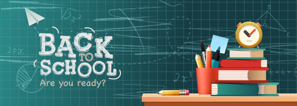 回到学校矢量设计。欢迎回到学校问候文字与一摞书，铅笔盒，闹钟，铅笔和黑板涂鸦教育元素。矢量插图。图片下载