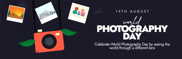 世界摄影日庆祝社交媒体封面横幅，背景。8月19日摄影日封面横幅用宝丽来相机拍照。就在这一天，路易·达盖尔发明了摄影技术。图片下载