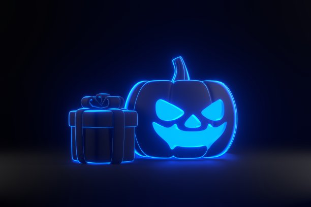 卡通礼盒与万圣节南瓜与霓虹灯在黑色背景图片下载