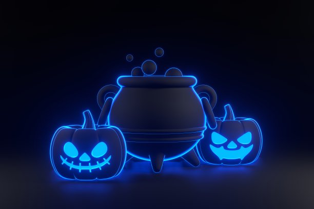 南瓜灯和黑色背景上蓝色霓虹灯的大锅图片下载