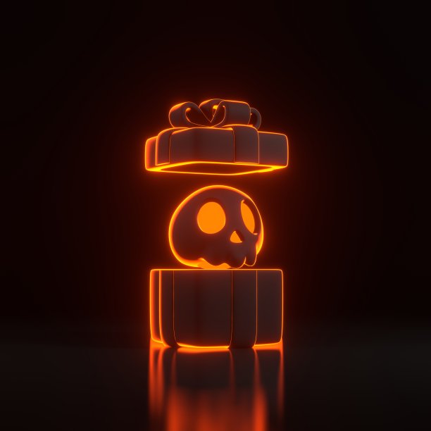 打开的礼盒和黑色背景上带有橙色霓虹灯的卡通骷髅图片下载