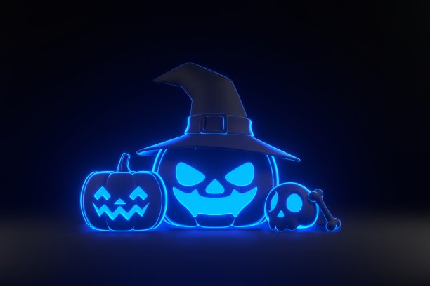 南瓜头戴女巫帽，头骨和骨头，黑色背景上有霓虹灯图片下载