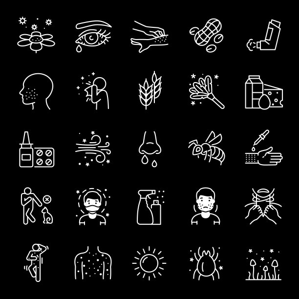 过敏，白线图标。对食物、花粉、灰尘和其他过敏原的过敏反应。理想的医疗保健和健康主题。黑色背景上的符号。可编辑的中风。图片下载