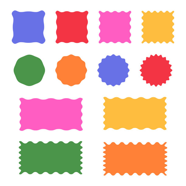 扇贝边缘形状五彩缤纷——圆形、方形、现代粗野主义形式。复古的vawe瑞士设计元素与褶边。矢量图图片下载