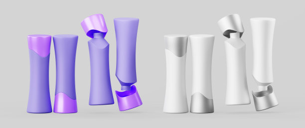 3d集化妆品瓶包装渲染洗发水和香脂的模型。隔离的紫色和白色塑料容器，可打开和关闭盖子，用于头发和身体护理产品，凝胶，乳液图片下载