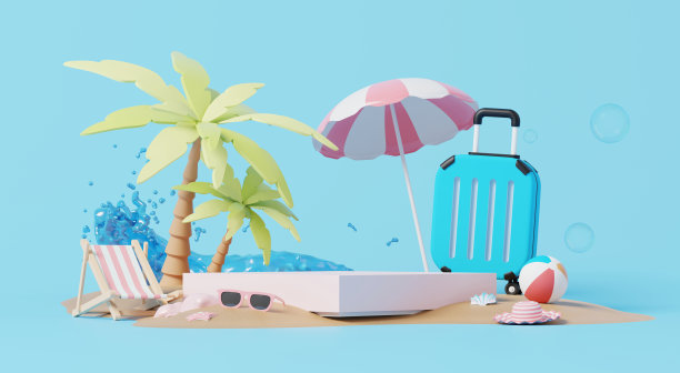 3D渲染，沙滩上的讲台展示，在蓝色背景上装饰手提箱，大海，伞的夏季概念。图片下载