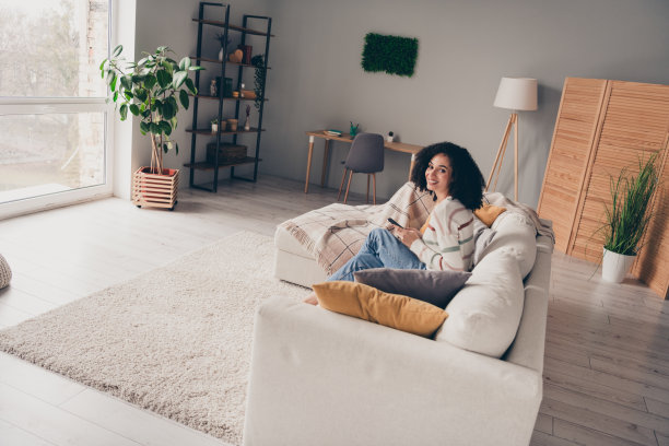 照片肖像迷人的年轻女子坐沙发拿设备聊天微笑穿着休闲的衣服舒适的日光家室内客厅图片下载