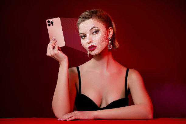 创意数字3d拼贴女士使用手机与面部识别授权图片下载