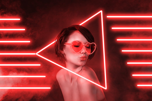 照片的时尚潮人触摸眼镜看销售广告促销夜间生活场合霓虹背景图片下载