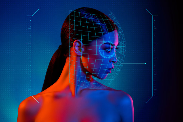 侧面侧面照片拼贴妇女做授权控制在互联网应用程序隔离在蓝色背景图片下载