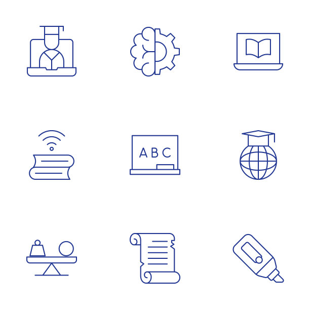 教育图标集。细线样式，可编辑笔触。大脑，黑板，古卷轴，在线学习，在线教育，大众，记号笔。图片下载