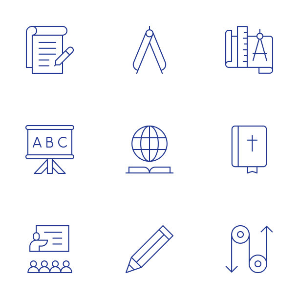 教育图标集。细线样式，可编辑笔触。教学，圣经，知识，滑轮，铅笔，类，精度，概观，指南针。图片下载
