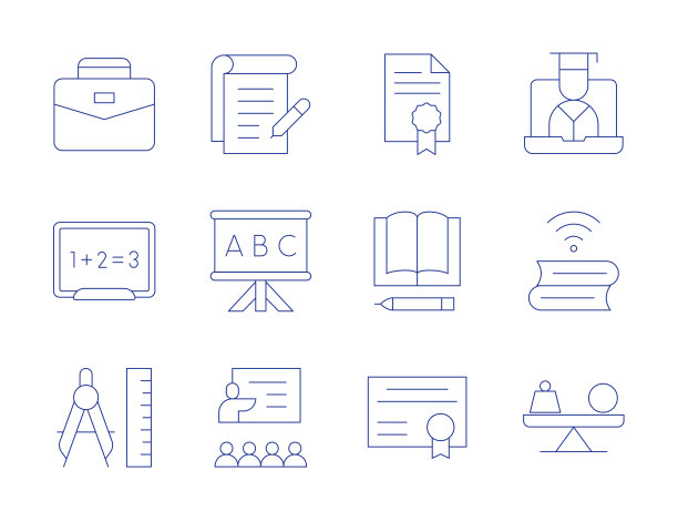 教育的图标。细线样式，可编辑笔触。职业、黑板、建筑、教学、在线学习、在线教育、大众、课堂、档案、教育、文凭、概览。图片下载