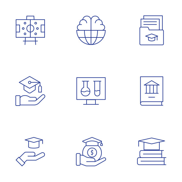 教育图标集。细线样式，可编辑笔触。文件夹，教育，世界，试管，奖学金，形成。图片下载