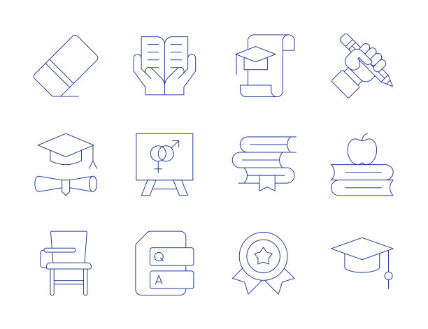 教育的图标。细线样式，可编辑笔触。毕业典礼、书本、奖项、铅笔、学位帽、知识、培训、问题、橡皮、教育、书桌。图片下载