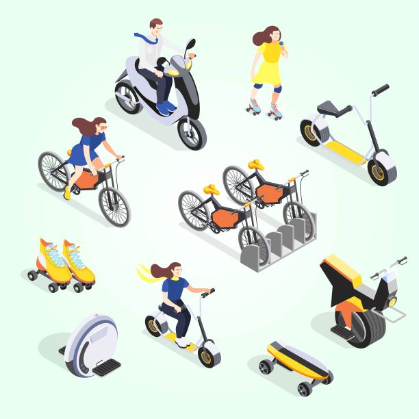 个人交通工具的等距构图以单轮自行车、滑板、旱冰鞋、踏板车和女性为特征图片下载