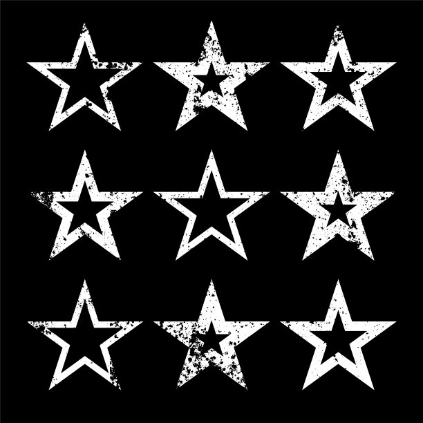 带有裂缝和污点的复古星星。旧手绘招牌，白色造型简洁。复古设计元素与苦恼的效果，grunge纹理。矢量图图片下载