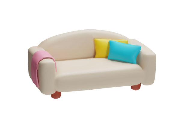 3D浅粉色沙发与舒适的枕头，格纹和木腿在白色的背景图片下载