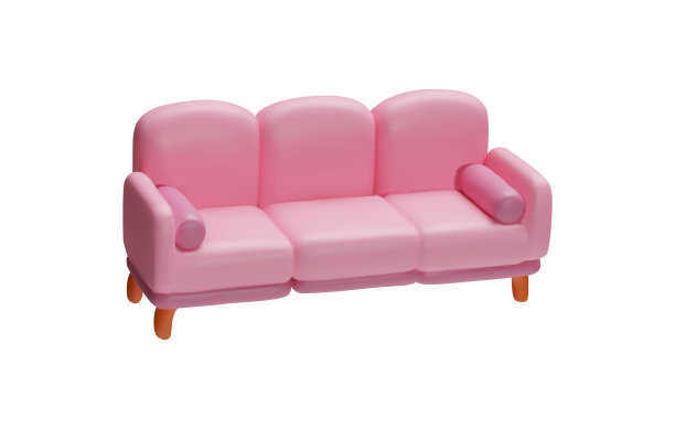 时尚的3D沙发，有三个靠垫，木腿和白色背景的圆柱形靠垫图片下载