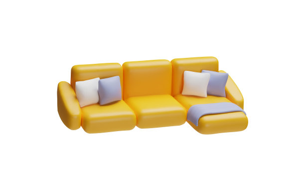 黄色角落沙发与枕头3D塑料风格矢量图标，逼真的皮革沙发，休闲家具舒适的内部图片下载