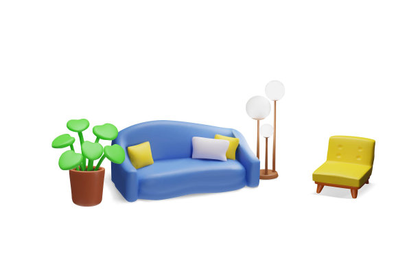 带靠垫的3D沙发，花盆里的植物，落地灯和扶手椅图片下载