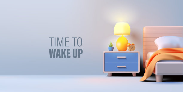 3D卧室内部，床，床头柜，闹钟，植物。现代设计的概念，时间唤醒，计划例行公事，时间行动。适用于住宅、公寓、出租房。向量图片下载