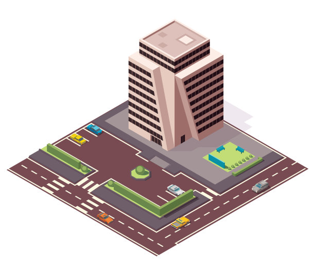 等距办公室或商务中心。城镇公寓建筑城市地图创建与街道和汽车。信息图表元素。城市房屋与道路组成图片下载