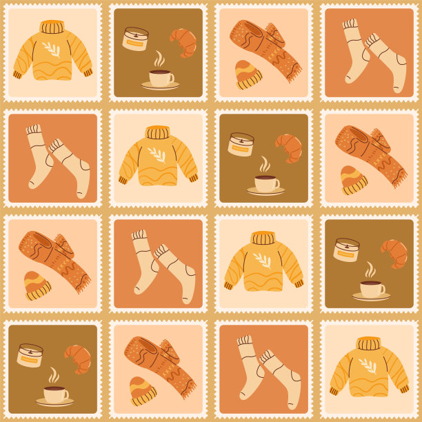 秋风暖衣格子无缝花纹。便当盒，毛衣，围巾和咖啡重复背景。矢量手绘插图。图片下载