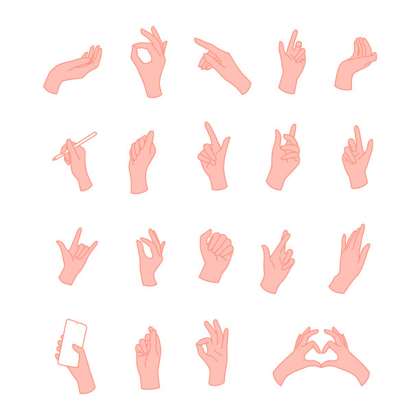 浅皮肤轮廓女人手势手势细线图标集。向量图片下载