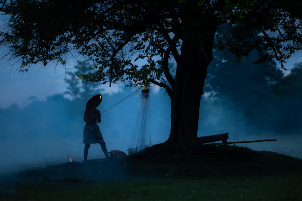 当地渔民在树下准备渔网捕捉湖中的鱼图片下载