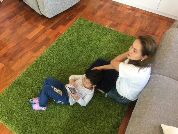 母亲和儿子坐在家里的绿色地毯上的高角度照片图片下载