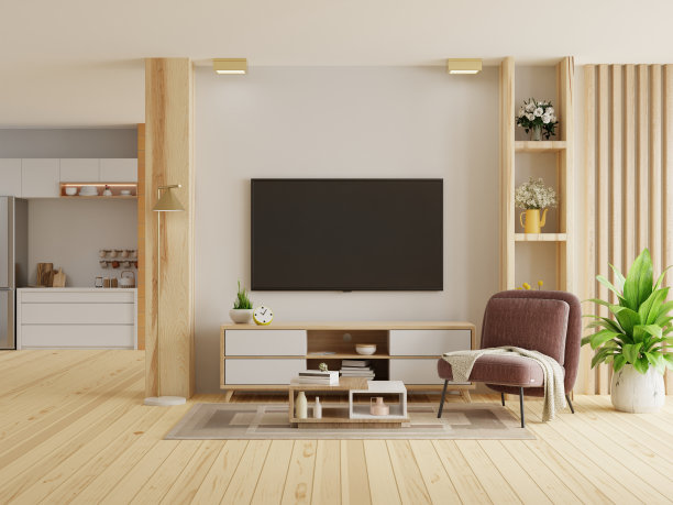 电视室室内模型暖色调与扶手椅，这是前面的厨房。3d渲染图片下载