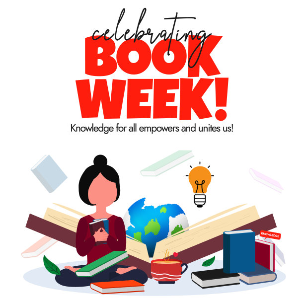 书的一周。庆祝图书周的社交媒体横幅上，一个女孩坐着，周围有很多书，泡泡，杯子，地球仪的图标。这一天庆祝阅读作为学习和享受的源泉。图片下载