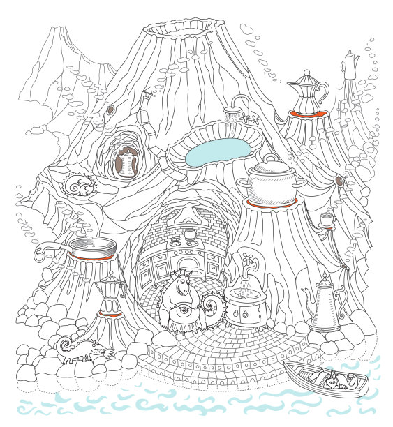 童话般的山景有火山，龙厨在洞中。地热水源，地热能概念。涂色书页图片下载