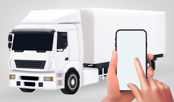一个男人手里拿着智能手机的模型。以卡车为背景，三维矢量梯度网格图片下载