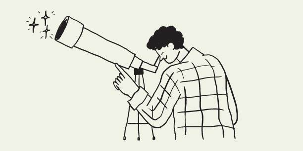 炭笔画好奇的人透过望远镜往外看。商业隐喻为搜索或研究、开发、网上冲浪。新潮的轮廓矢量字符的网页或用户界面设计。图片下载