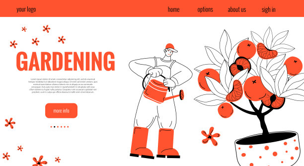 这是一幅以红白相间的植物和园丁为主题的彩色园艺插图图片下载