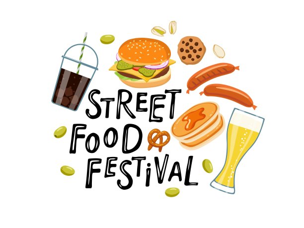街头美食节的标志。手绘字体与平面快餐产品。设计餐厅，咖啡馆，商店，BBG，卡车。美食节标志设计模板。矢量横幅菜单，标志，海报图片下载