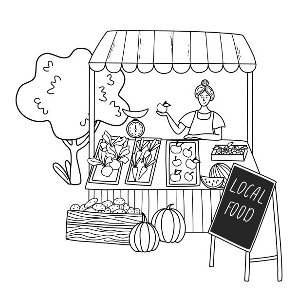 丰收节日印刷与手绘摊位，卖家，蔬菜和水果。勾勒儿童涂鸦，抗压力。当地食物，农贸市场的概念。手绘黑白矢量插图。图片下载