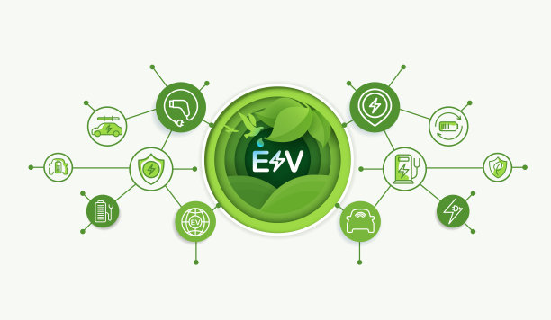 电动汽车。带有图标的电动汽车。节约地球和能源的理念。绿色生态节能环保。纸艺术。汽车工业，未来科技，混合动力概念。向量。图片下载