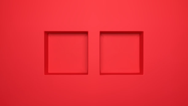 红色3d方形壁龛货架墙渲染矢量背景。两个凹槽产品平台在工作室内部拍摄。现代摄影展示时尚或美容广告的透视观概念。图片下载