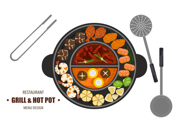 Vector集烧烤、涮、火锅和各种香料。这些蔬菜放在火锅厨具里烤。前视图。孤立在白色背景上。为设计食物菜单的元素图片下载