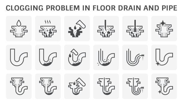 疏水管和地漏堵塞问题矢量图标集，厕所，浴室的污水排放。图片下载