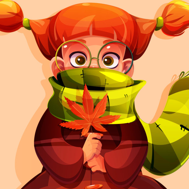 你好，秋天的卡通风格。女孩与秋叶在温暖的围巾孤立的背景。儿童、小女孩的创作特色秋色。特写镜头。图片下载