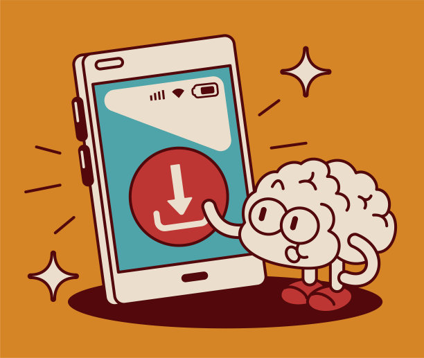 一个可爱的拟人化脑人按下了智能手机大屏幕上的下载按钮图片下载