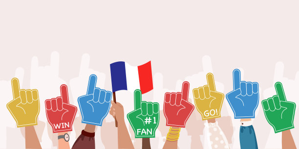 扇泡沫手与法国国旗。运动迷指属性，助威队配件。运动员或篮球运动员在体育场欢呼。横幅设计模板的体育比赛图片下载