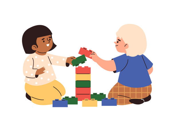 矢量插图显示儿童组装乐高积木在地板上。图片下载