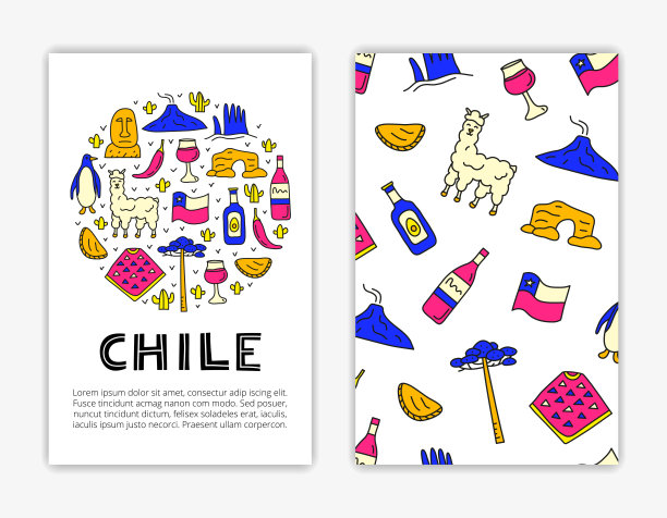 卡片模板与涂鸦彩色智利图标。图片下载